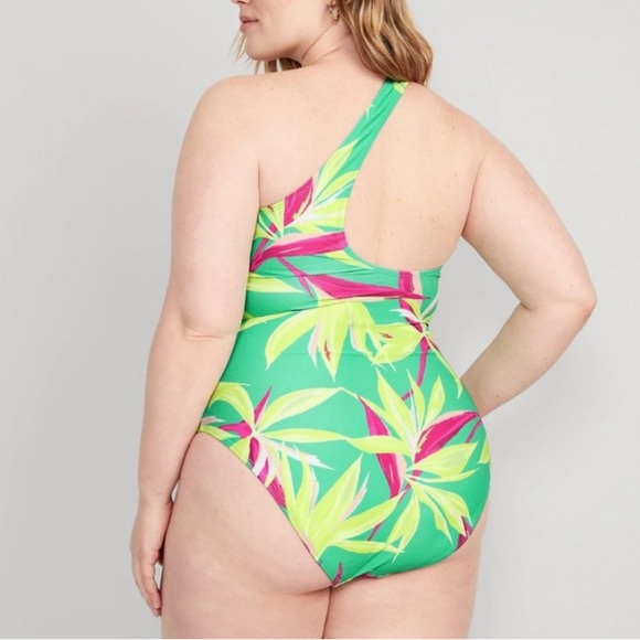 Old Navy Swimsuit Women 3X Green Color Tropical One Shoulder One Piece Beachy - Picture 2 of 7